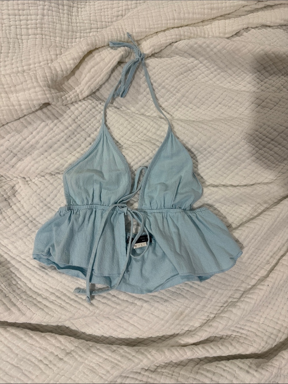 SHEIN Light Blue Halter Ruffle Tie-Front Peplum Top
